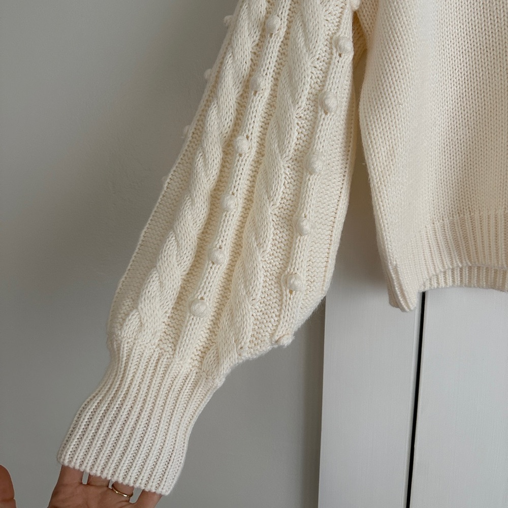 Gianni Bini Cream Knit Sweater with Pom Pom Sleeves - Picture 2 of 4